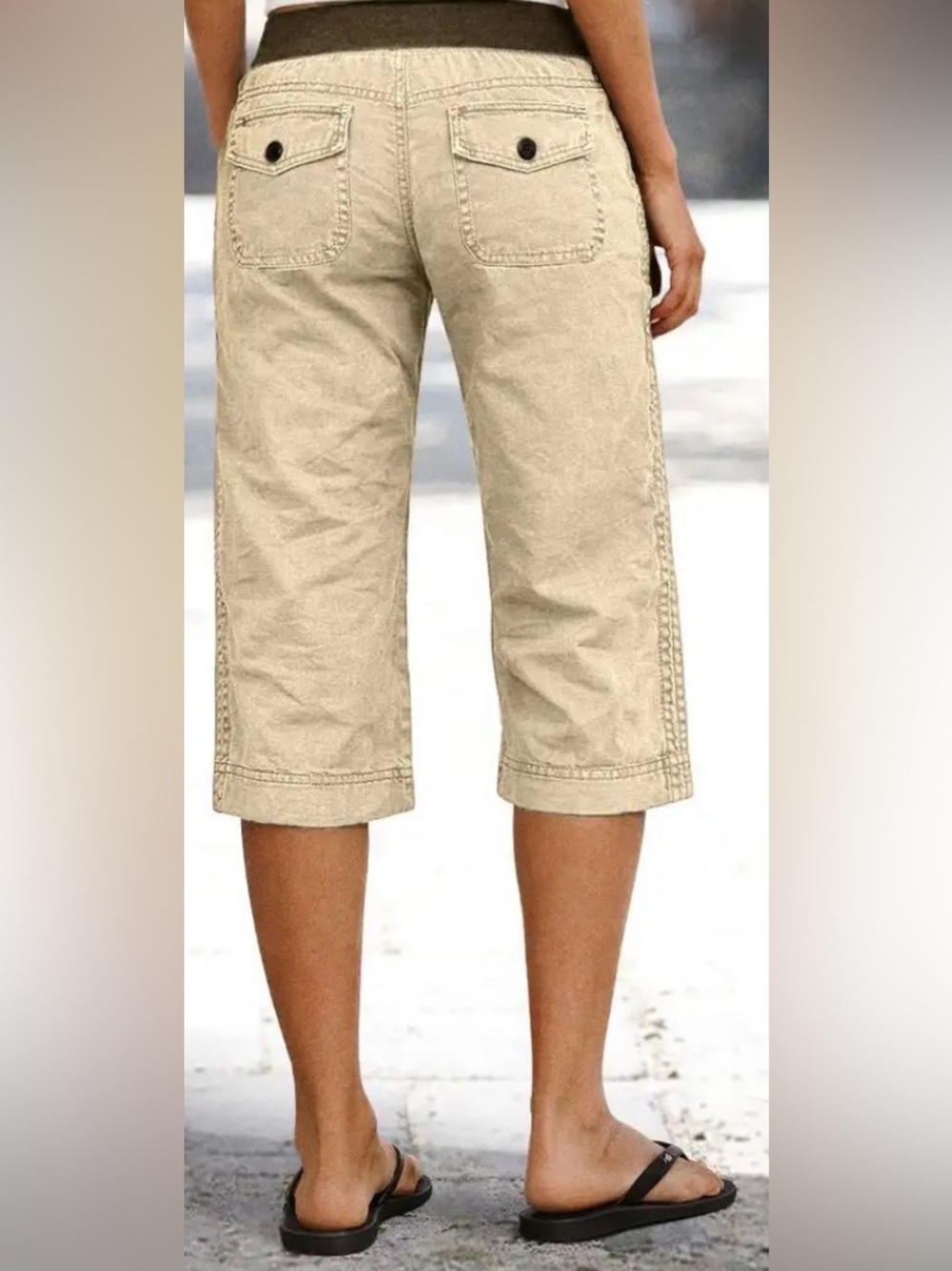 Flamingals Drawstring Button Decor Mid Waist Straight Leg Capri Pants - Picture 2 of 7
